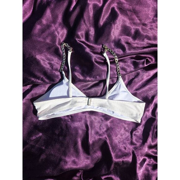 White Ribbed Swim Top Bralette With Chain Straps & Back Clasp Closure*34B - Picture 5 of 7